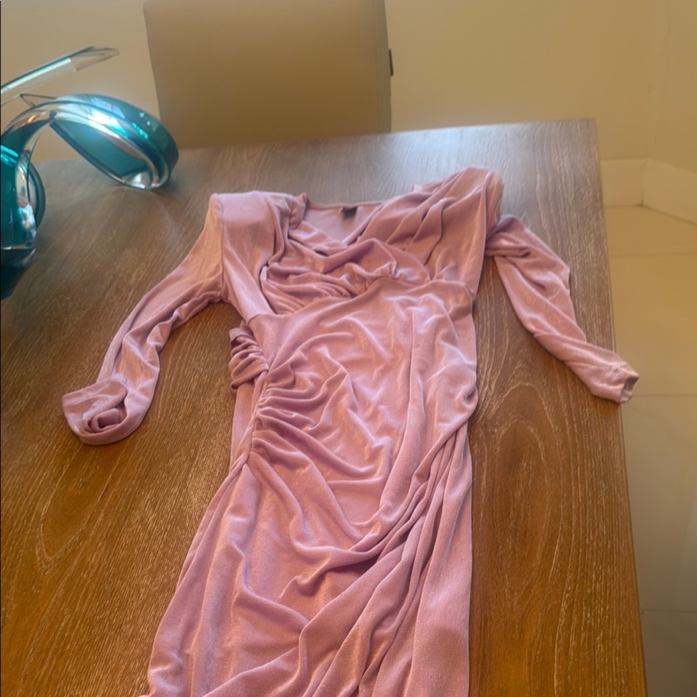 SHEIN Pink Ruched Wrap Dress with Bishop Sleeves